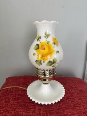 Vintage white Milk Glass Vase Lamp with Hand-Painted Yellow Rose Design